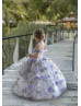 Off Shoulder Lavender Printed Organza 3D Floral Flower Girl Dress